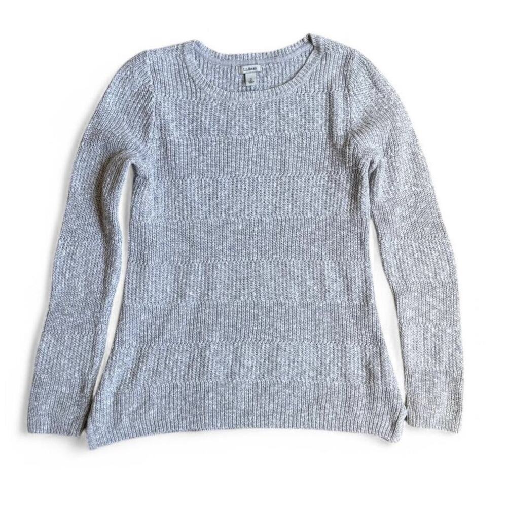L.L. Bean Women’s S 100% Cotton Knit Sweater Gray Crewneck Striped Cozy Classic